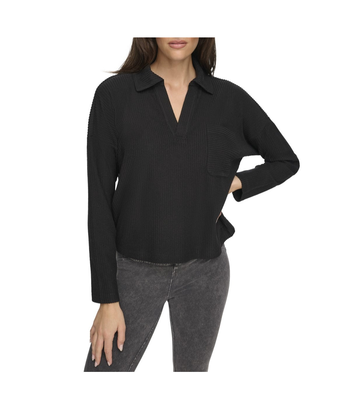  Andrew Marc Andrew Marc Women's Brushed Rib Polo Top Black - Black - Bonton