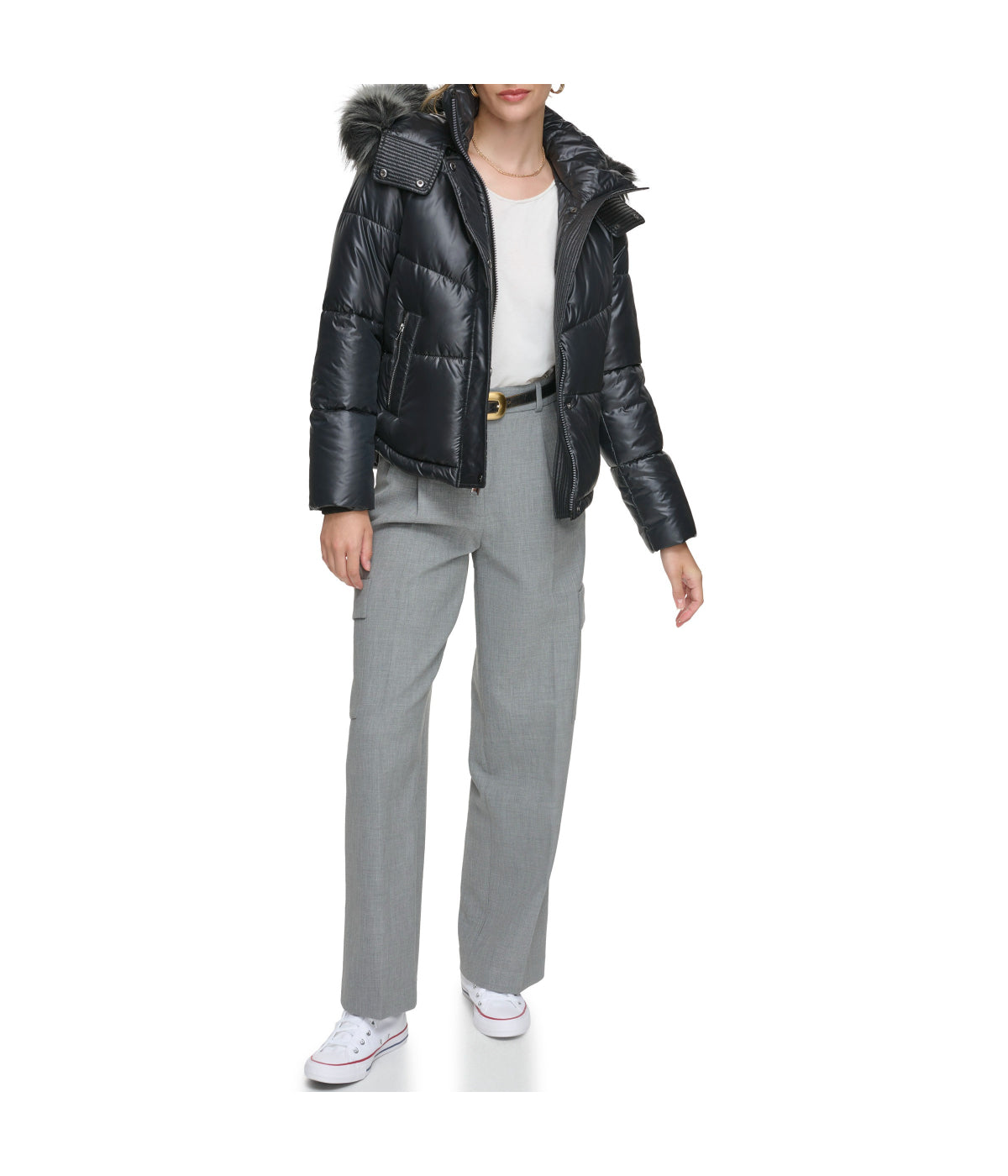  Andrew Marc Minna Faux Down Fill Lacquer Puffer Black - Black - Bonton