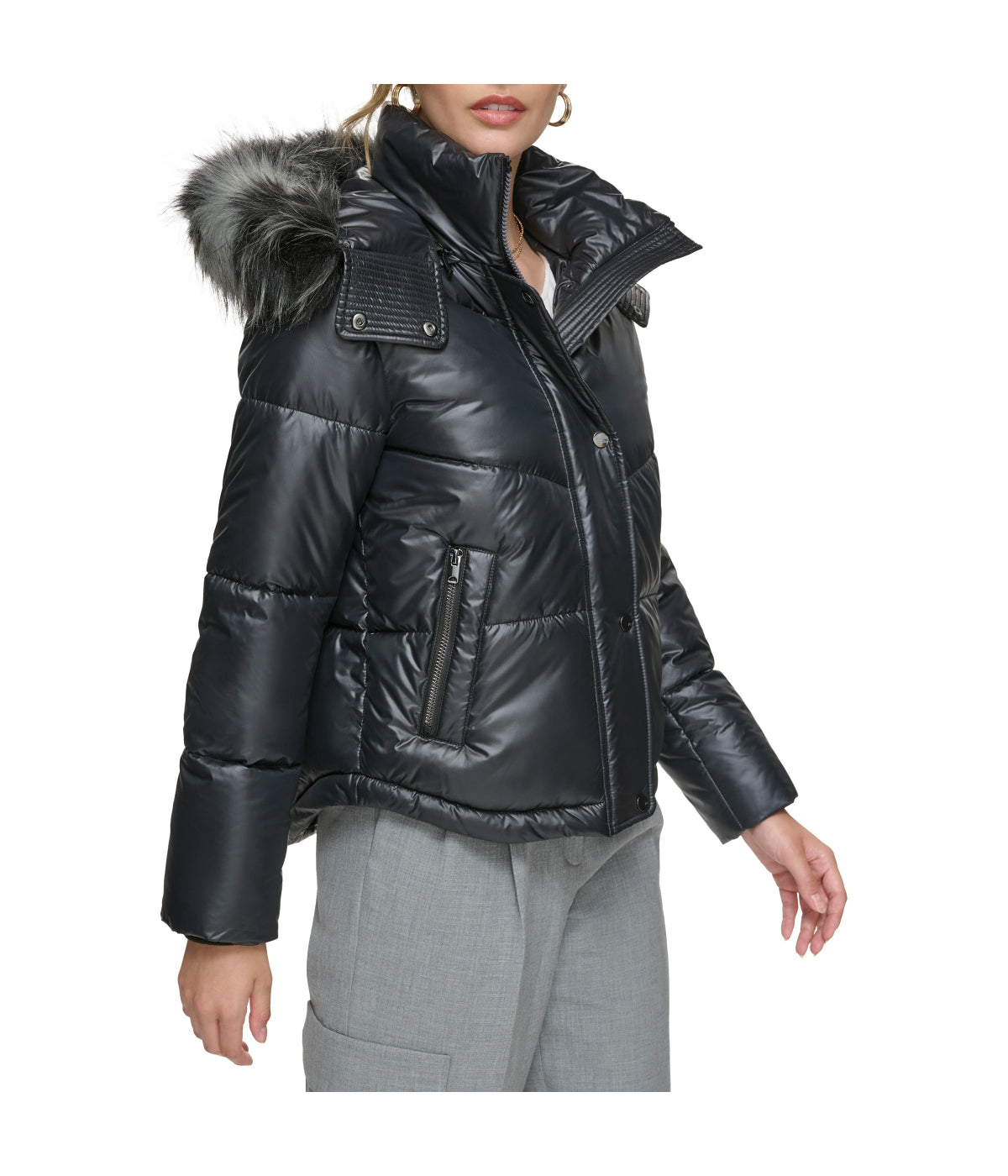  Andrew Marc Minna Faux Down Fill Lacquer Puffer Black - Black - Bonton