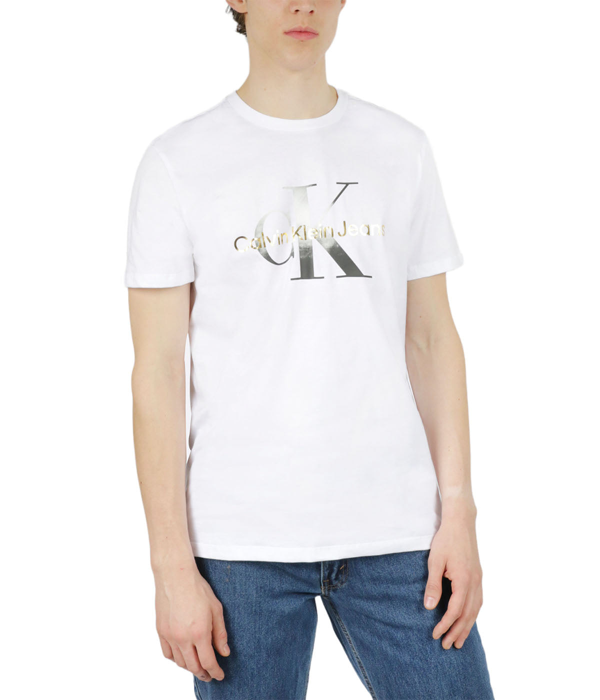  Calvin Klein Short Sleeves Gold/Silver Metallic Monogram Tee - Brilliant White - Bonton