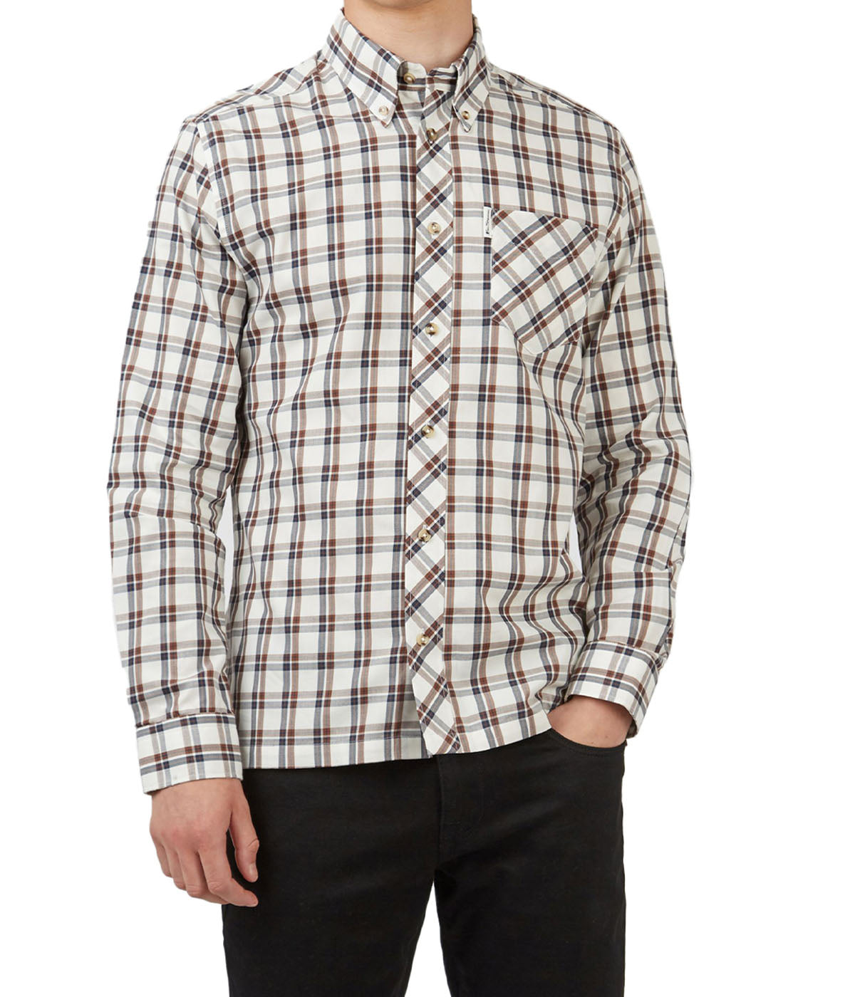  Ben Sherman Long Sleeve Grid Check Buttondown Shirt - Ivory - Bonton