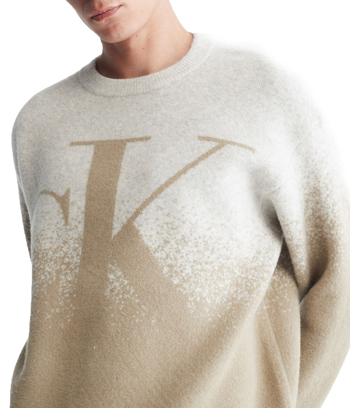  Calvin Klein Long Sleeves Mono Ombre Jacquard Crew Sweater - Egret Heather - Bonton