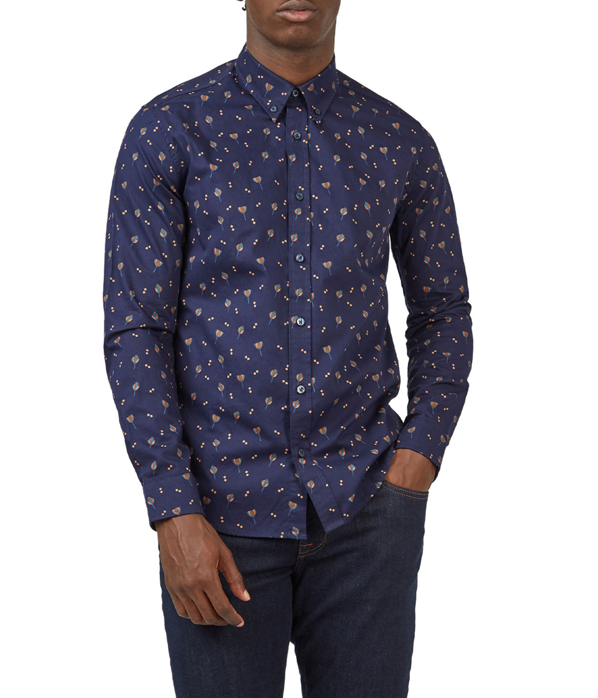  Ben Sherman Scattered Floral Print Twill Buttondown Shirt with Long Sleeves - Marine - Bonton