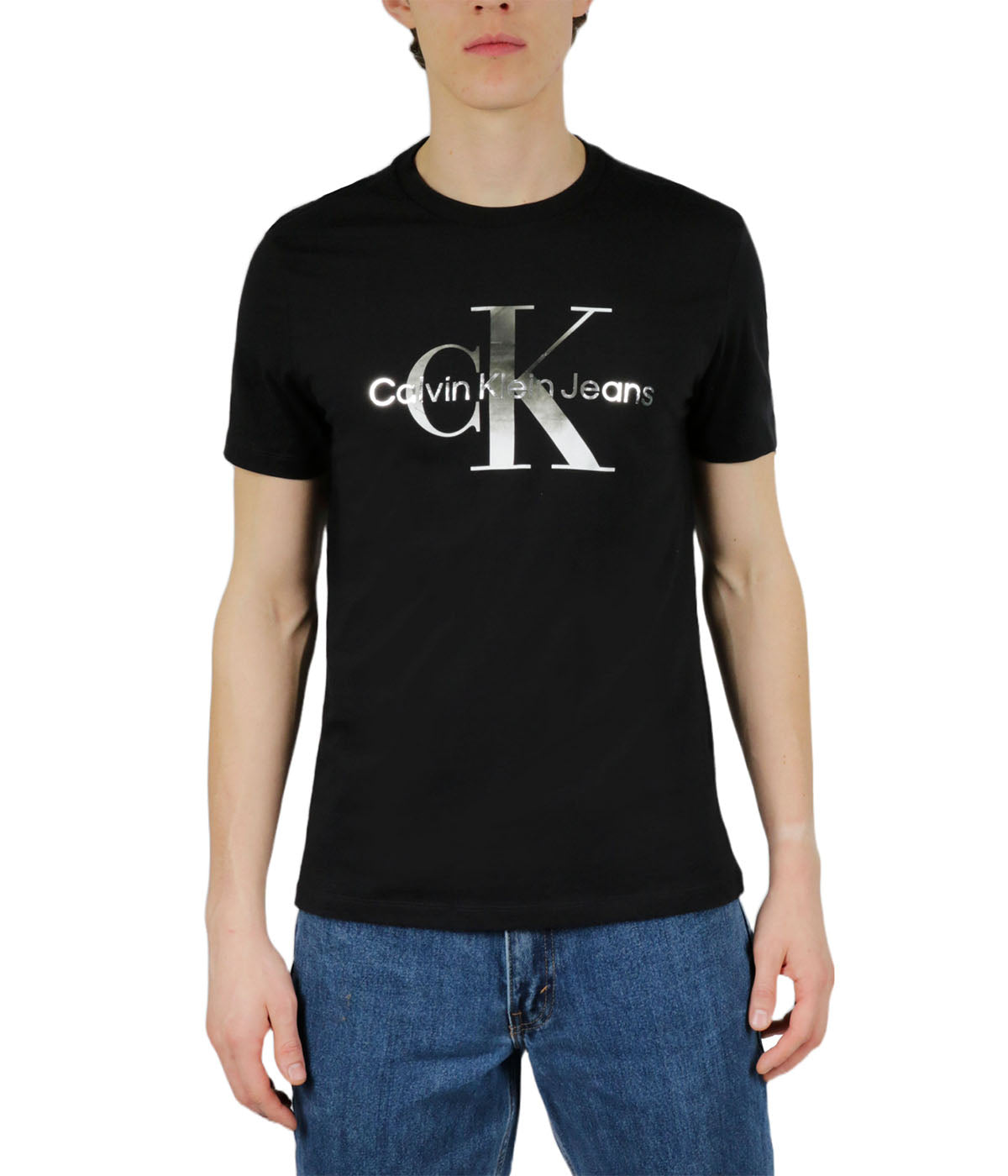  Calvin Klein Short Sleeves Gold/Silver Metallic Monogram Tee - Black - Bonton