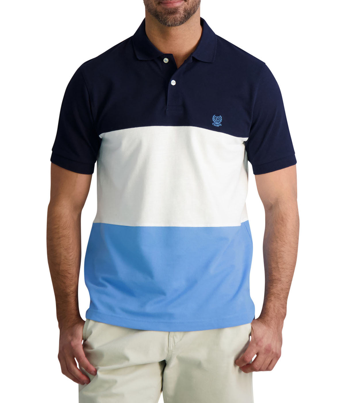  Chaps Chaps Men's Classic Fit Short Sleeve Recycled Poly Blend Colorblock Pique Polo - American Navy - Bonton