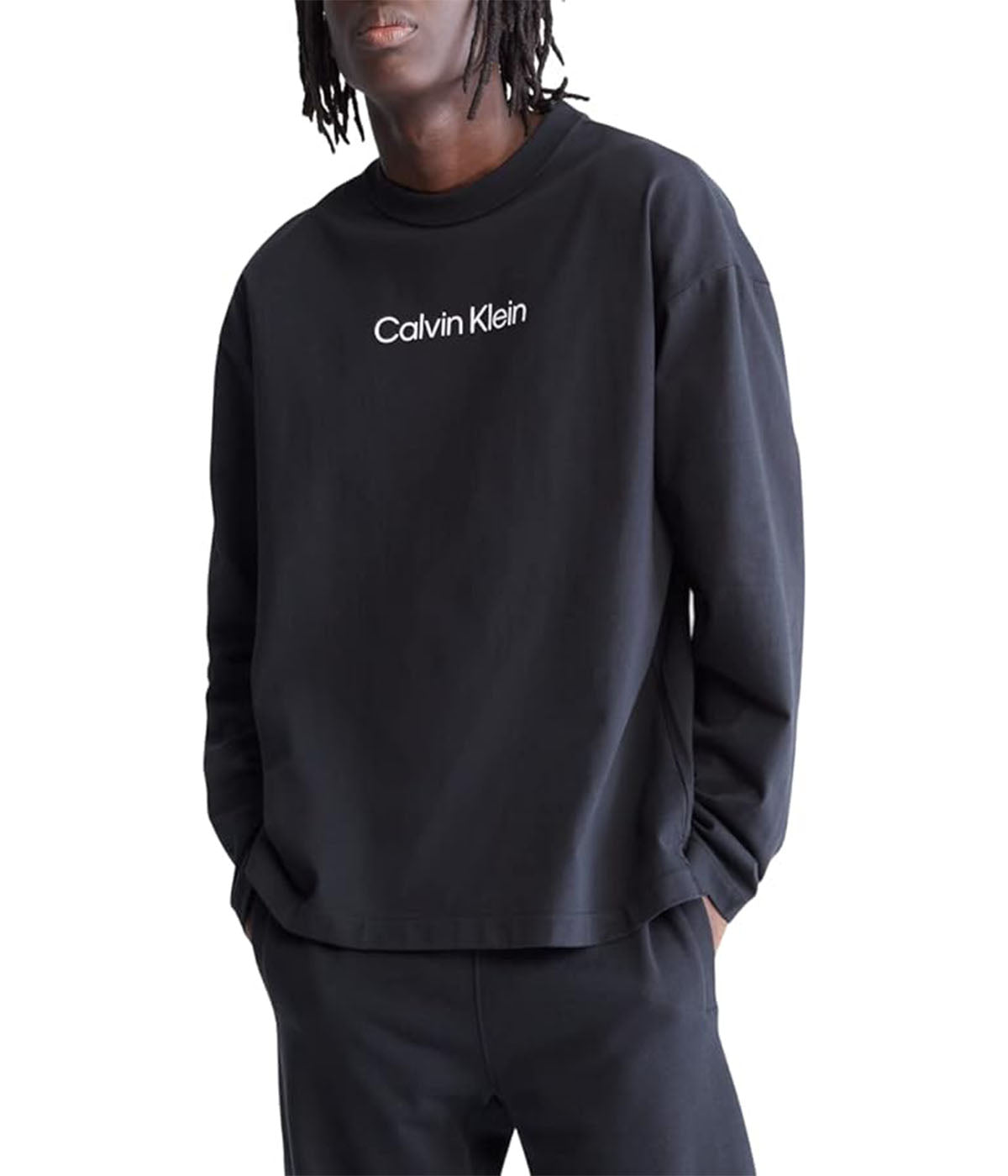  Calvin Klein Long Sleeves Standard Logo Terry Crew - Black Beauty - Bonton