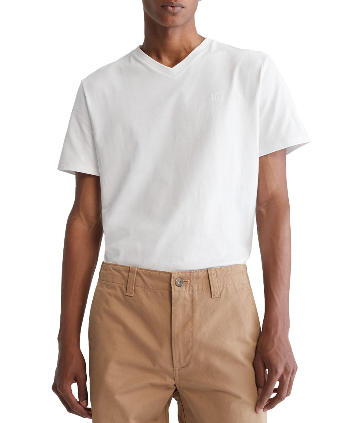  Calvin Klein Short Sleeves Smooth Solid V-Neck Tee - Brilliant White - Bonton