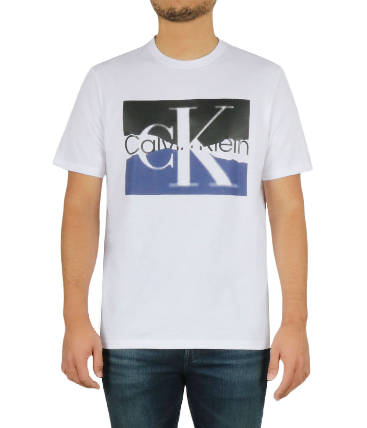  Calvin Klein Short Sleeves Torn Logo Crew Tee - Brilliant White - Bonton