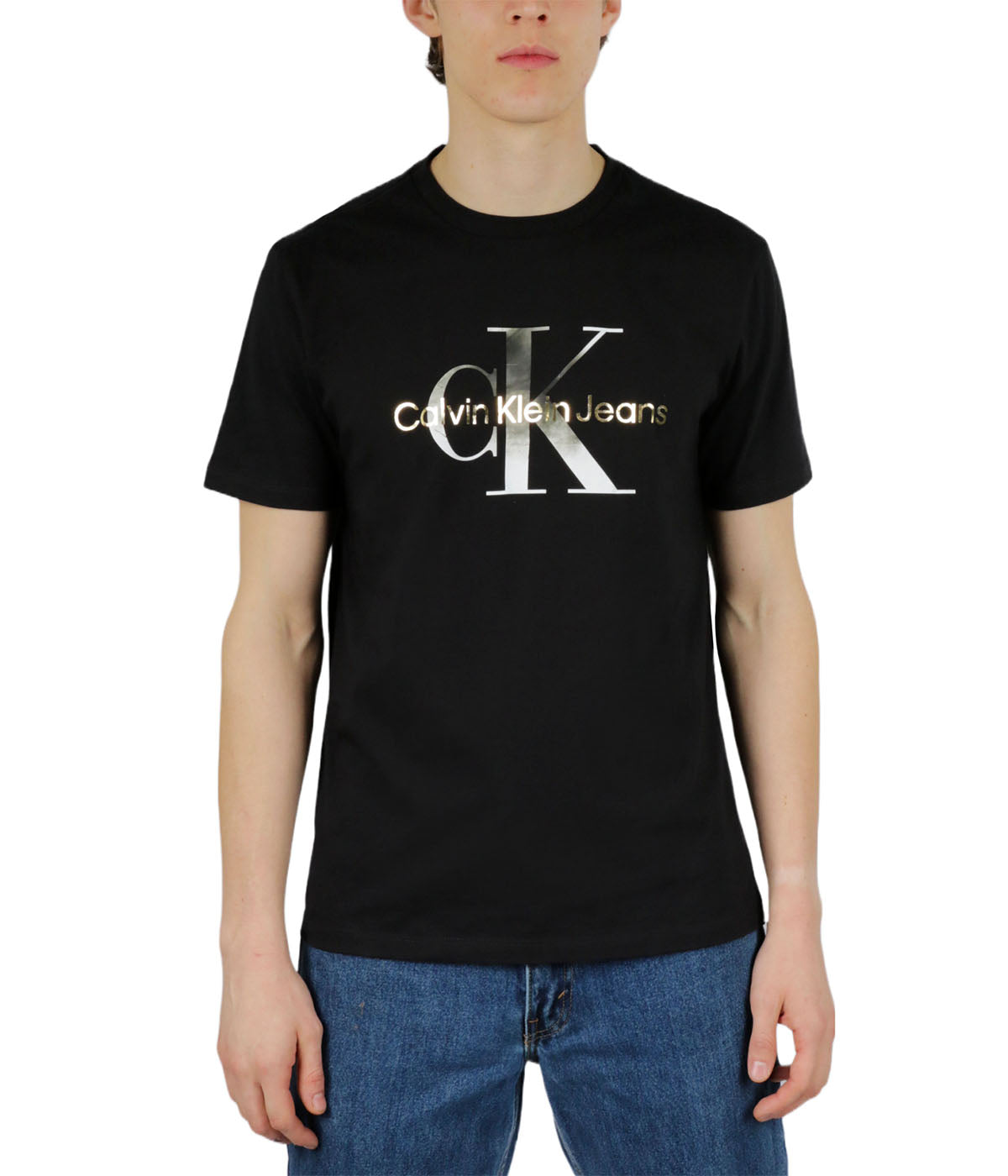  Calvin Klein Short Sleeves Gold/Silver Metallic Monogram Tee - Black Beauty - Bonton