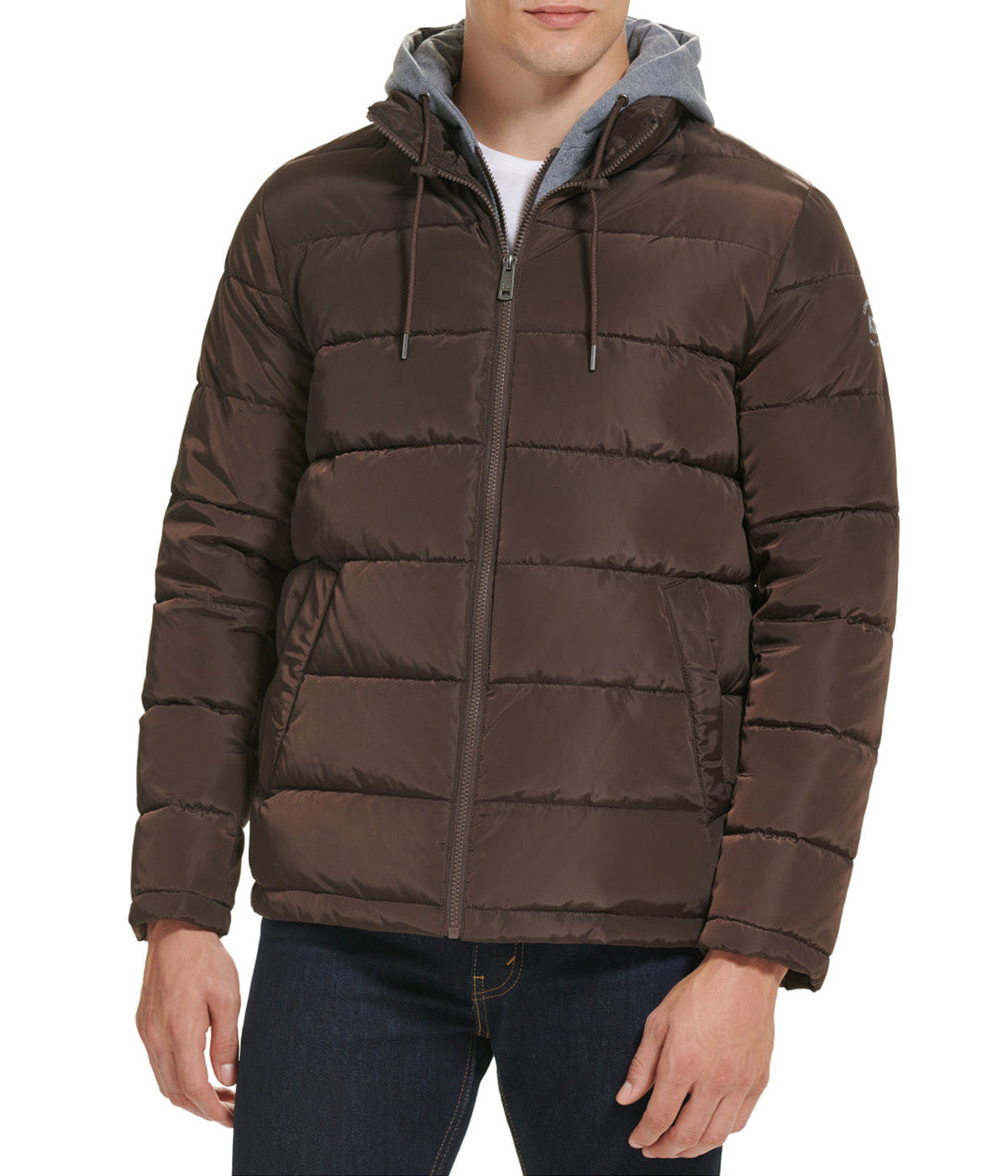  Kenneth Cole Hooded Faux Memory CF Puffer With Jersey Bib and Hood - Chocolate - Bonton