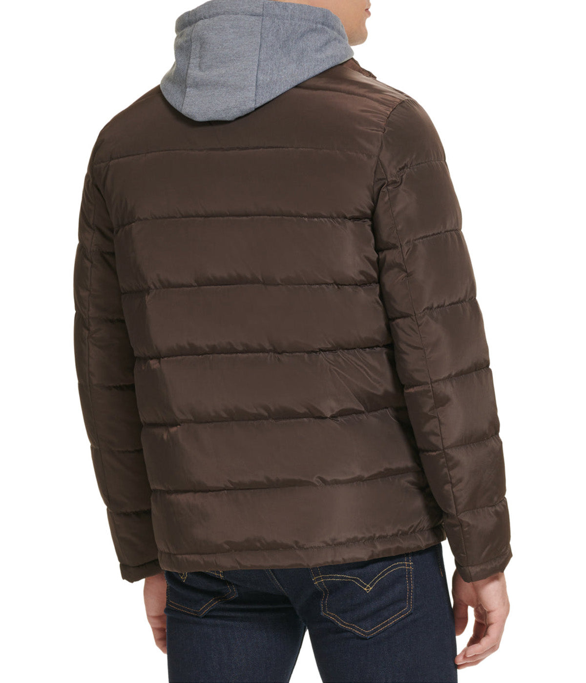  Kenneth Cole Hooded Faux Memory CF Puffer With Jersey Bib and Hood - Chocolate - Bonton