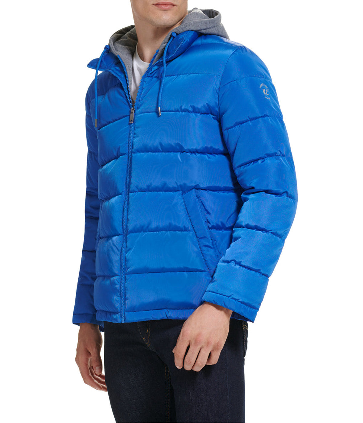  Kenneth Cole Hooded Faux Memory CF Puffer With Jersey Bib and Hood - Tidal Blue - Bonton