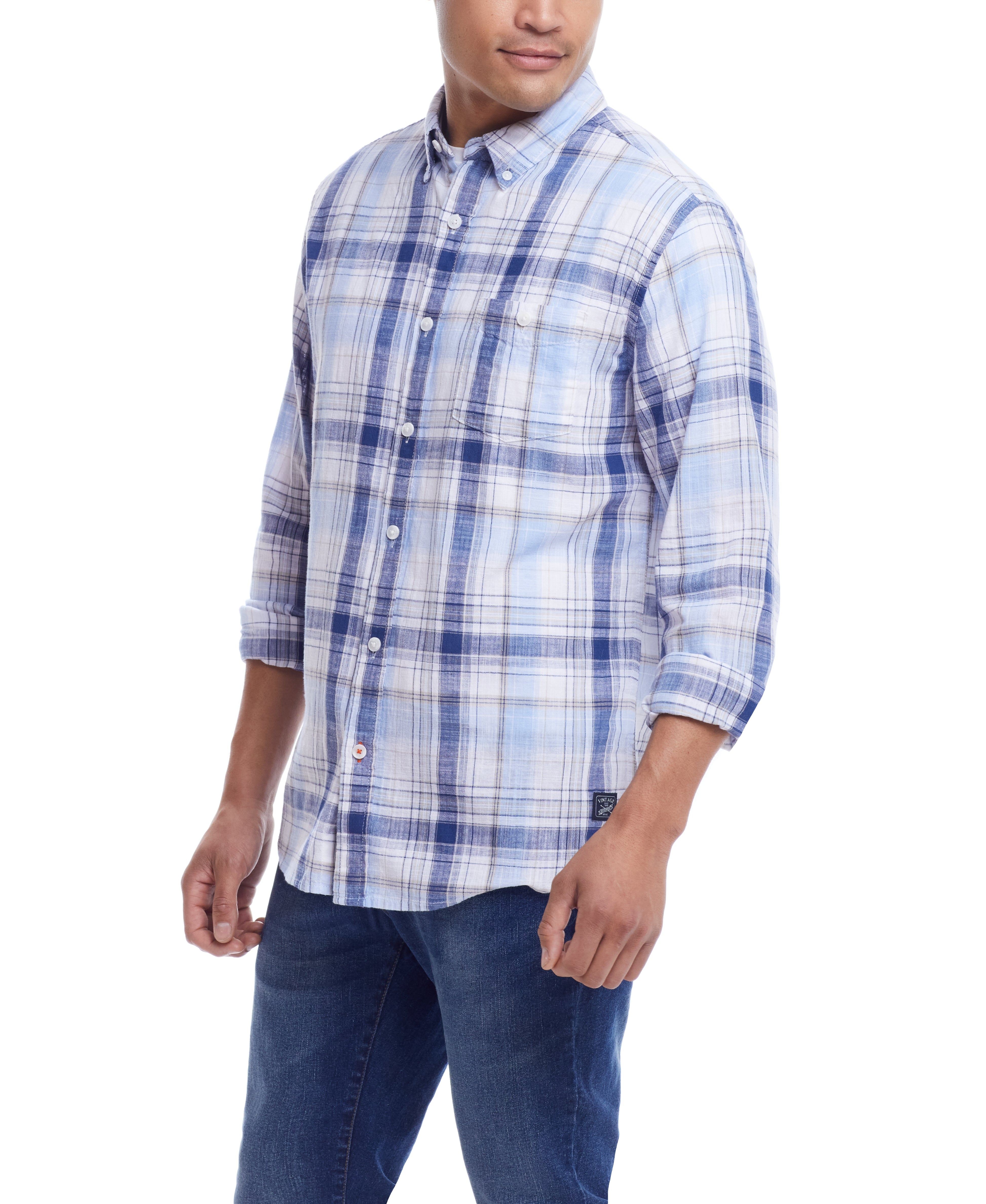  WEATHERPROOF VINTAGE Weatherproof Vintage Men's Long Sleeve Cotton Woven Plaid - Ice Water - Bonton