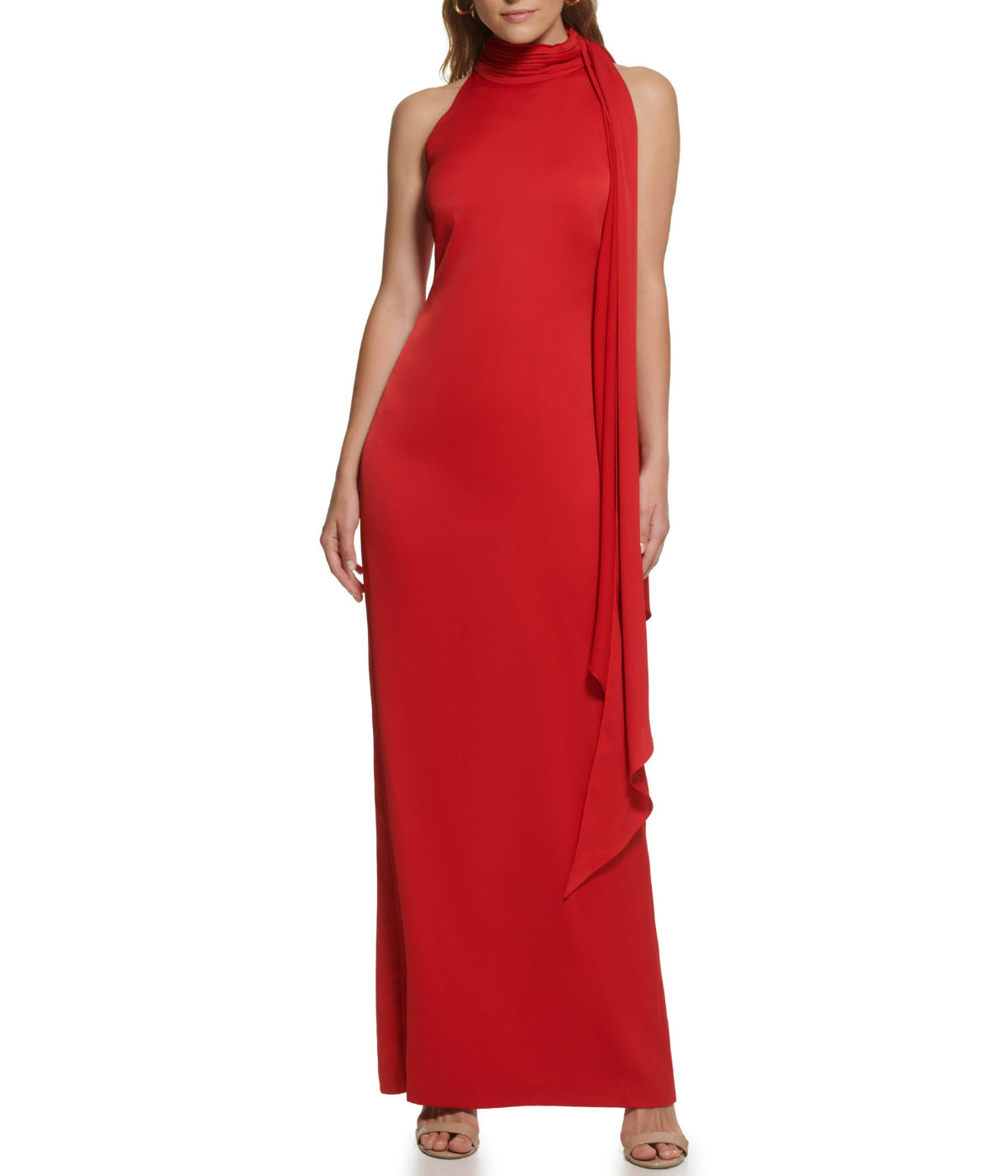  Vince Camuto Sleeveless Tie Halter Neck Ruffle Satin Gown - Red - Bonton