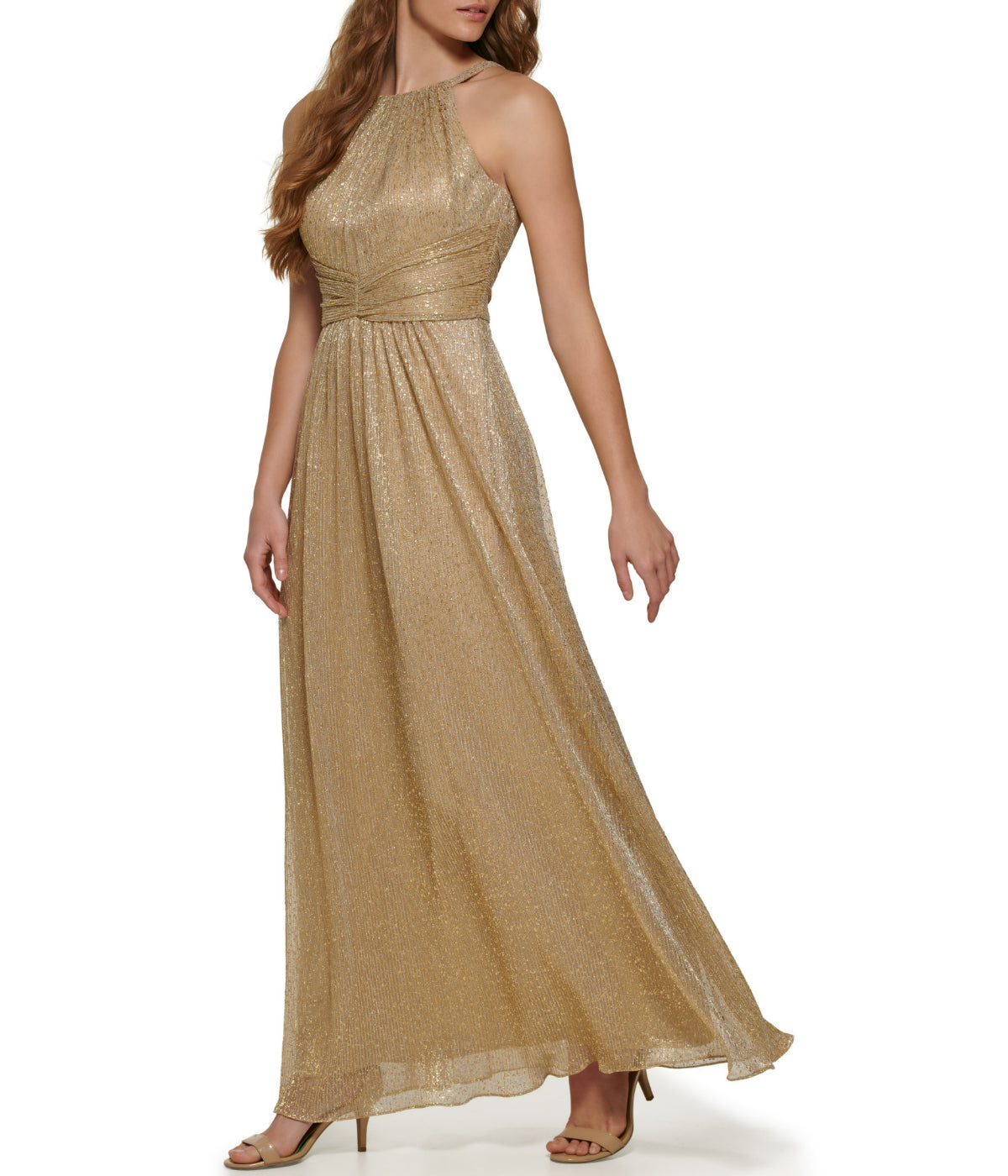  Vince Camuto Shirred Halter Gown With Waistband Gold - Gold - Bonton