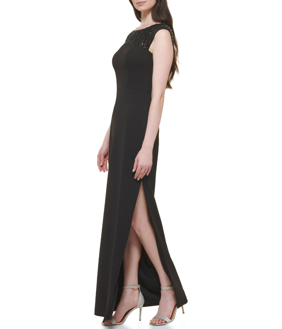  Vince Camuto Cap Sleeve Boat Shape Illusion Neck Gown W/ Side Slit Black Gold - Black Gold - Bonton