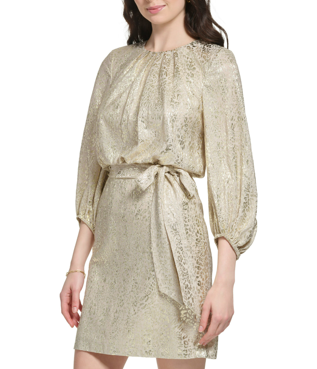  Vince Camuto Longsleeve Pleated Neck Blouson Dress Champagne - Champagne - Bonton