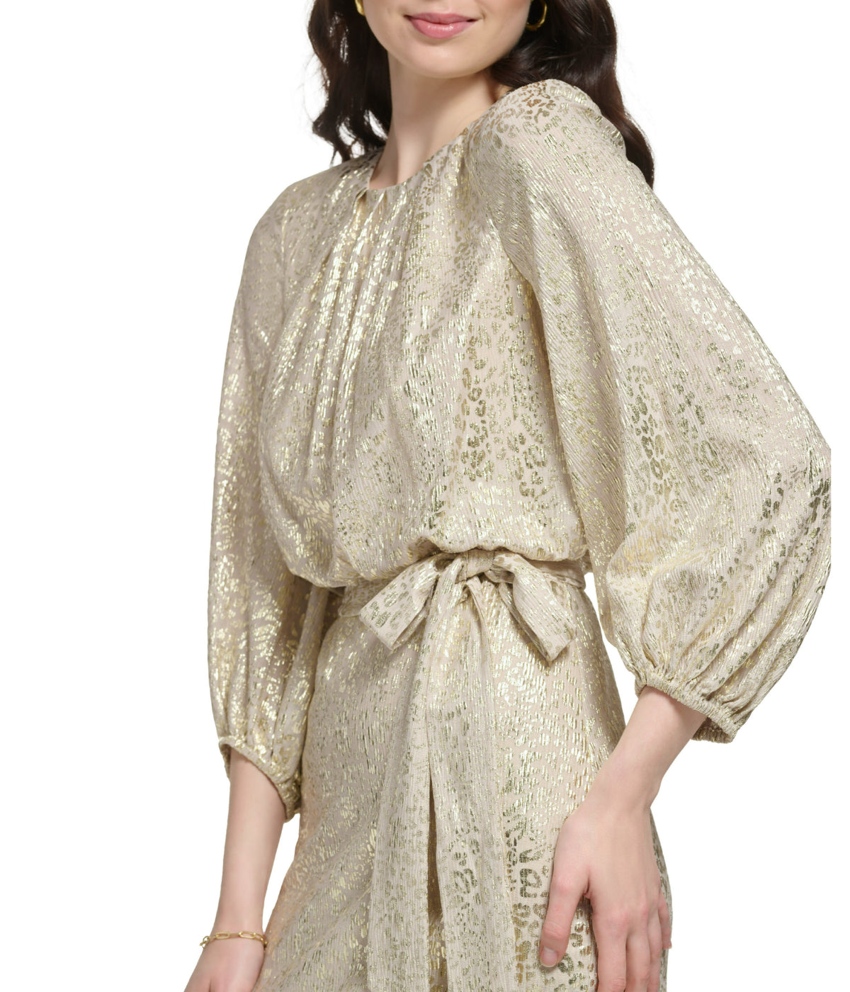  Vince Camuto Longsleeve Pleated Neck Blouson Dress Champagne - Champagne - Bonton
