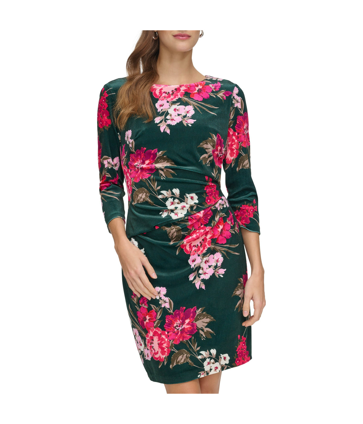  Vince Camuto Ptd Velvet Side Tuck Bodycon With 3/4 Sleeve Green Multi - Green Multi - Bonton