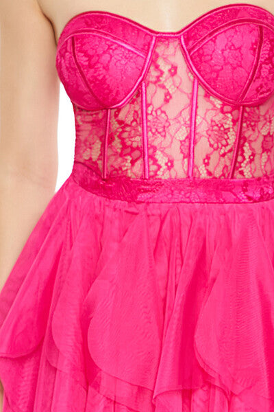  Forever 21 Lace & Tulle Bustier Mini Dress - hot-pink-swatch - Bonton