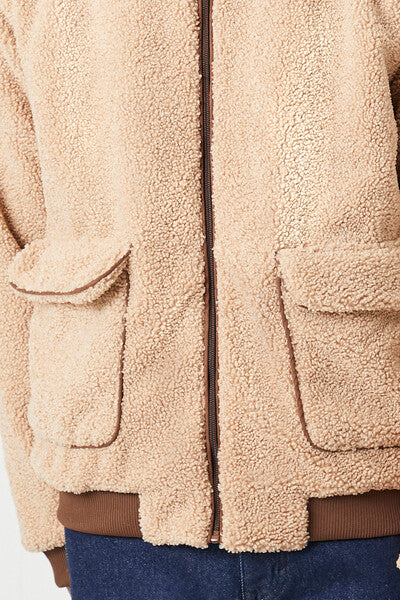  Forever 21 Faux Shearling Zip-Up Jacket - khaki-swatch - Bonton