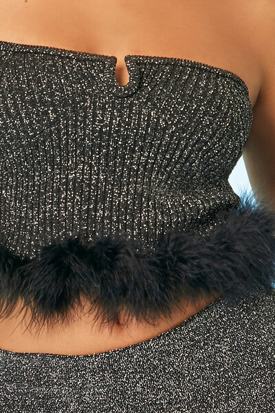  Forever 21 Glitter Feather-Trim Tube Top - black multi - Bonton