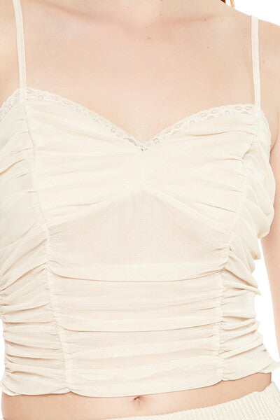  Forever 21 Lace-Trim Ruched Mesh Cami - taupe - Bonton