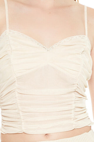 Lace-Trim Ruched Mesh Cami