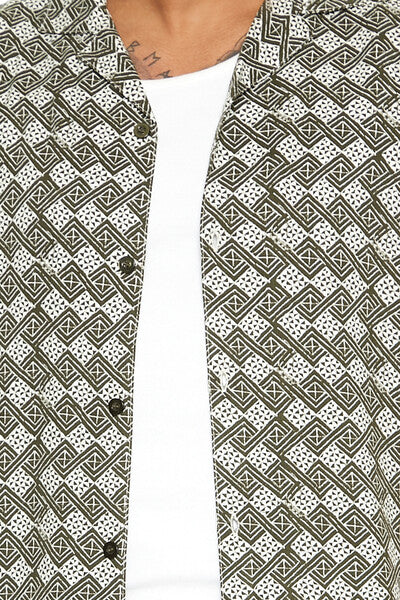  Forever 21 Geo Print Cuban-Collar Shirt - olive cream - Bonton