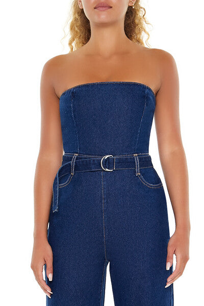  Forever 21 Belted Strapless Denim Jumpsuit - medium-denim - Bonton