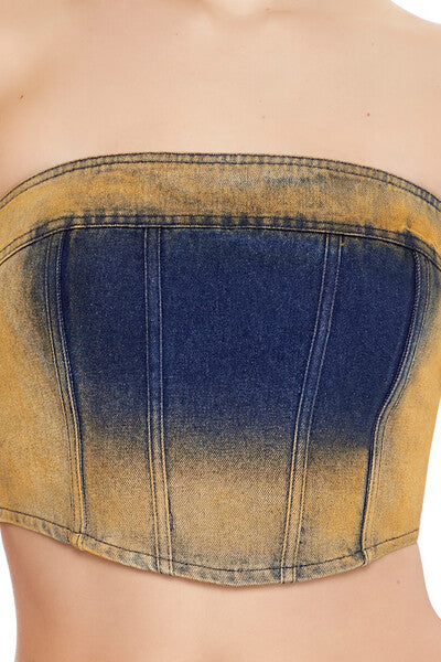 Forever 21 Sandblasted Denim Tube Crop Top - denim multi - Bonton