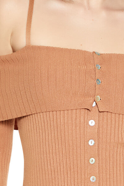  Forever 21 Open-Shoulder Sweater-Knit Crop Top - camel - Bonton