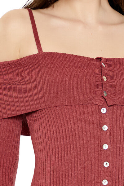  Forever 21 Open-Shoulder Sweater-Knit Crop Top - camel - Bonton