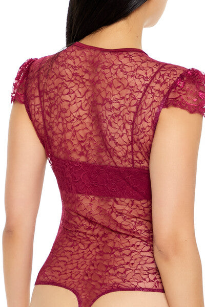  Forever 21 Sheer Lace Thong Bodysuit - red - Bonton