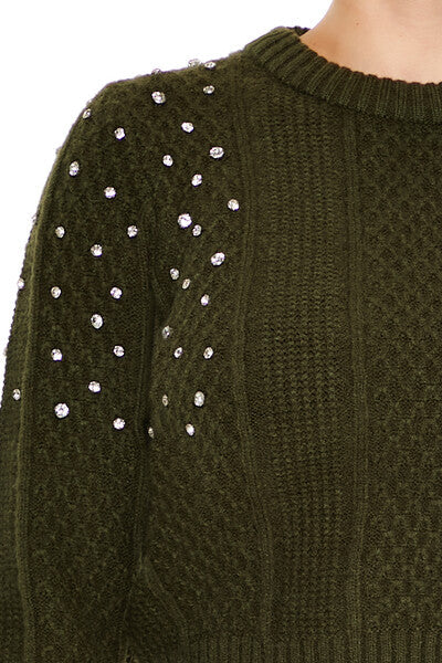  Forever 21 Faux Gem Cable Knit Sweater - olivine - Bonton