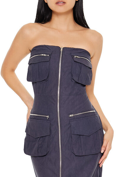  Forever 21 Strapless Zip-Up Cargo Midi Dress - charcoal-swatch - Bonton