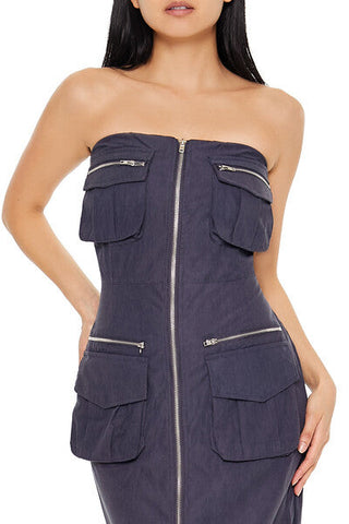 Strapless Zip-Up Cargo Midi Dress