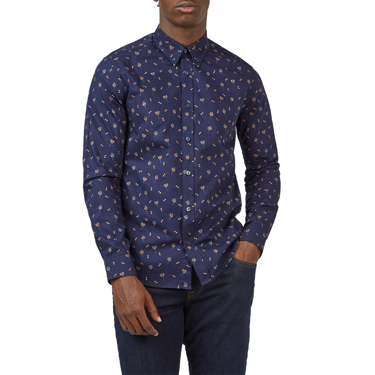  Ben Sherman Scattered Floral Print Twill Buttondown Shirt with Long Sleeves - Marine - Bonton