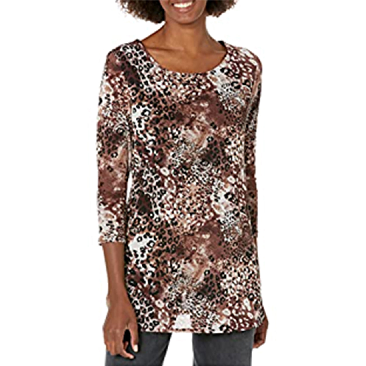  Kasper Tunic with 3-Quarter Sleeve Printed Mesh - Chocolate/Doe Combo - Bonton