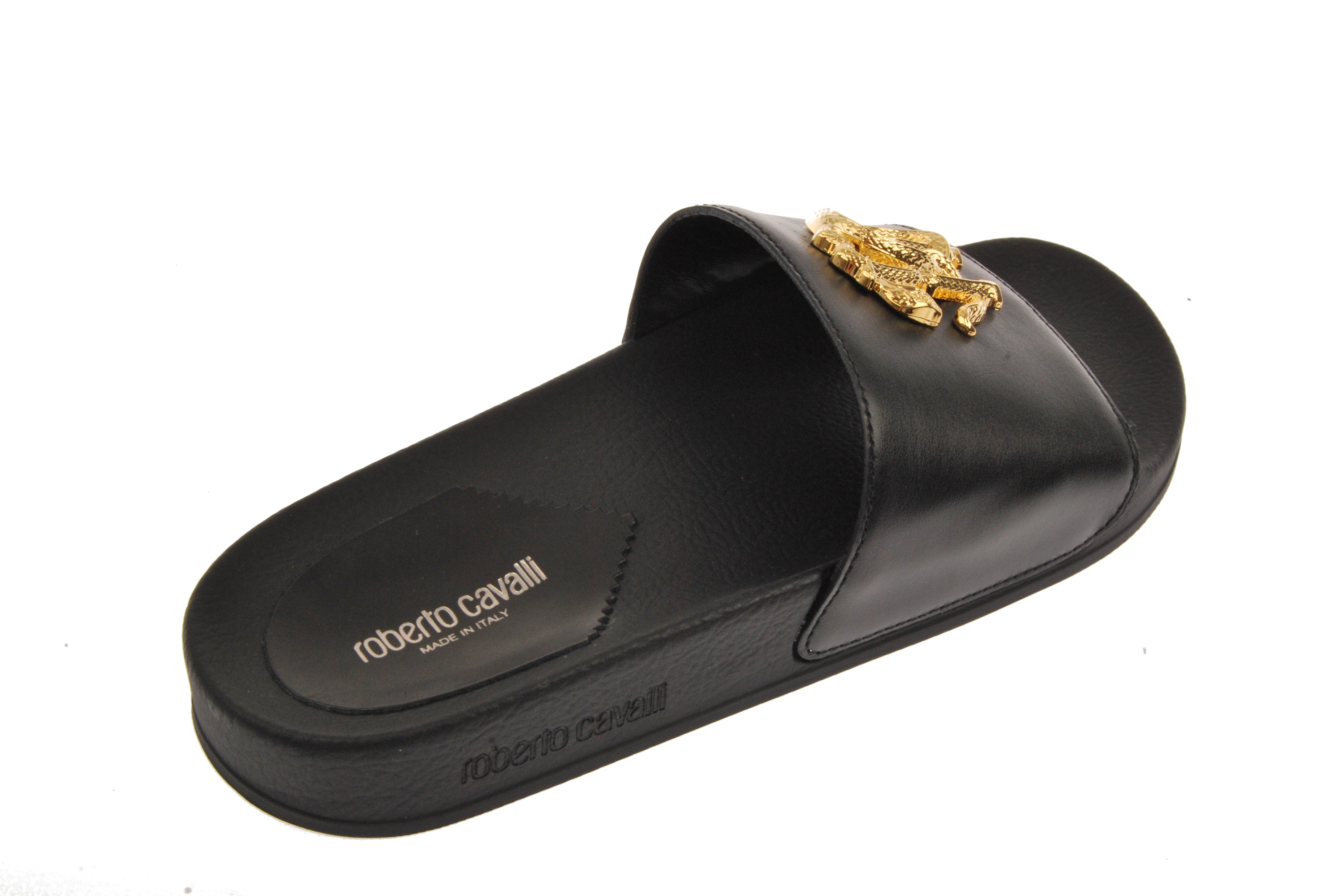  Roberto Cavalli Gold Crest Leather Sport Slide - Black - Bonton