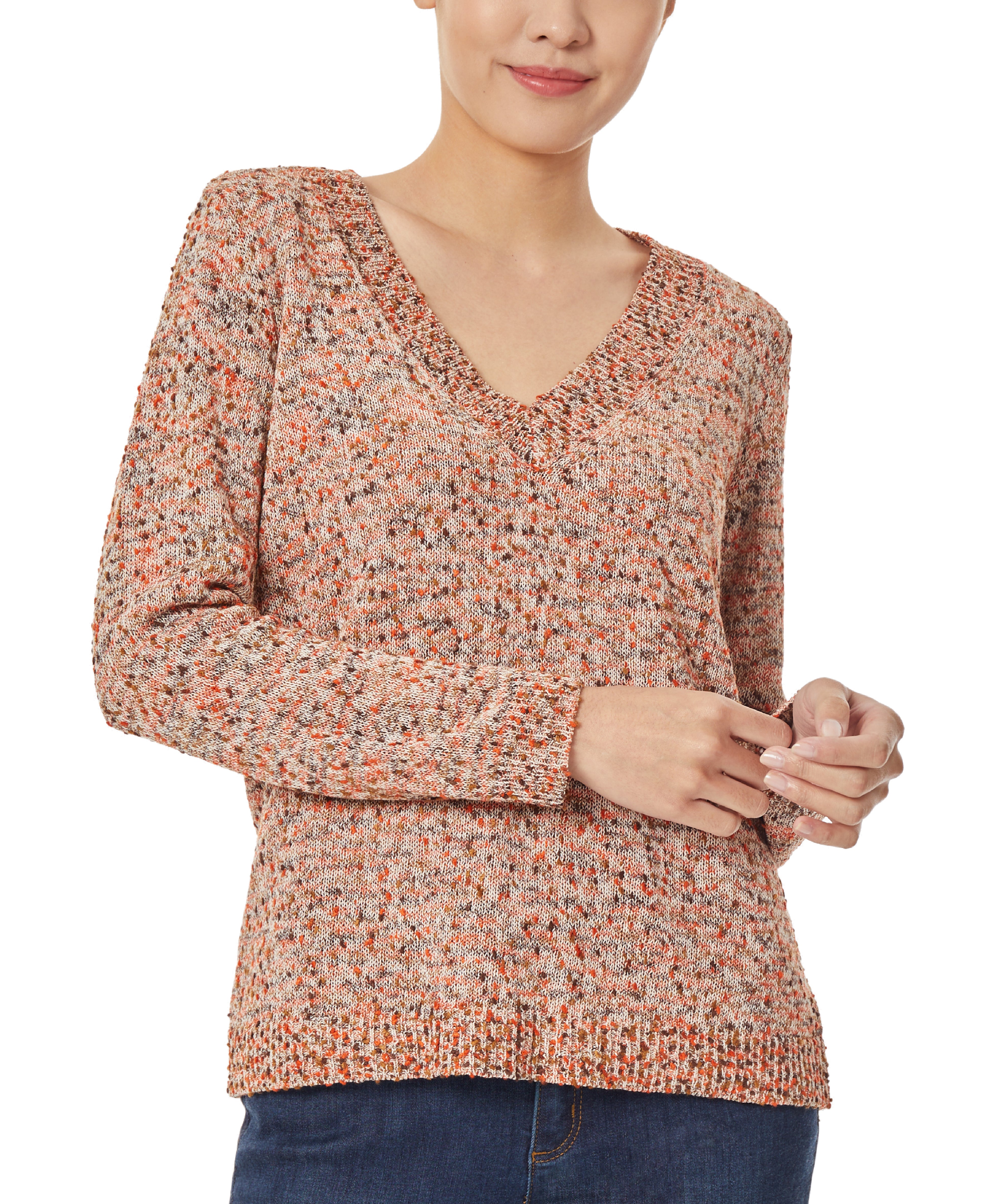  Jones New York Relaxed V-Neck Sweater - Brick Combo - Bonton