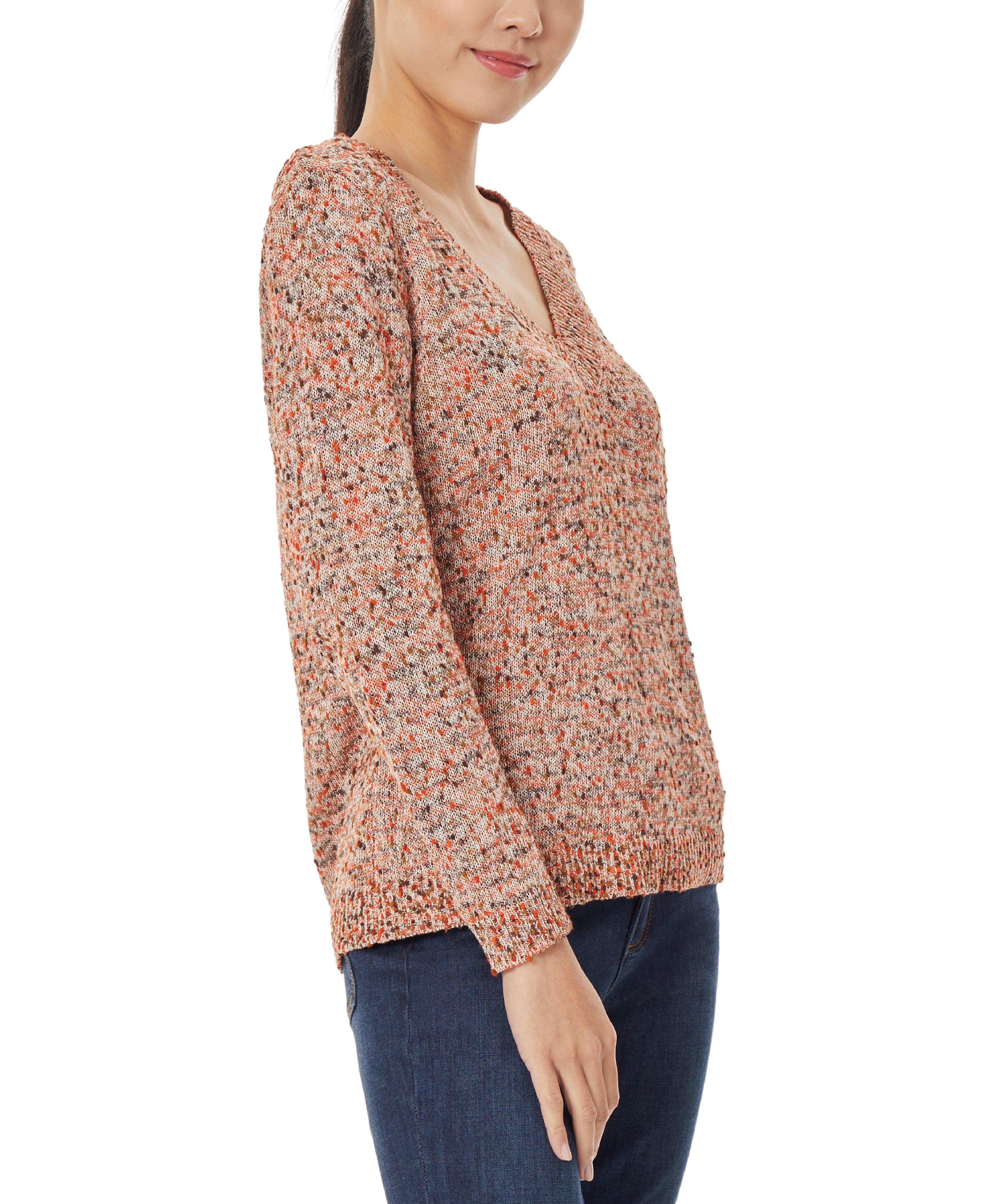  Jones New York Relaxed V-Neck Sweater - Brick Combo - Bonton