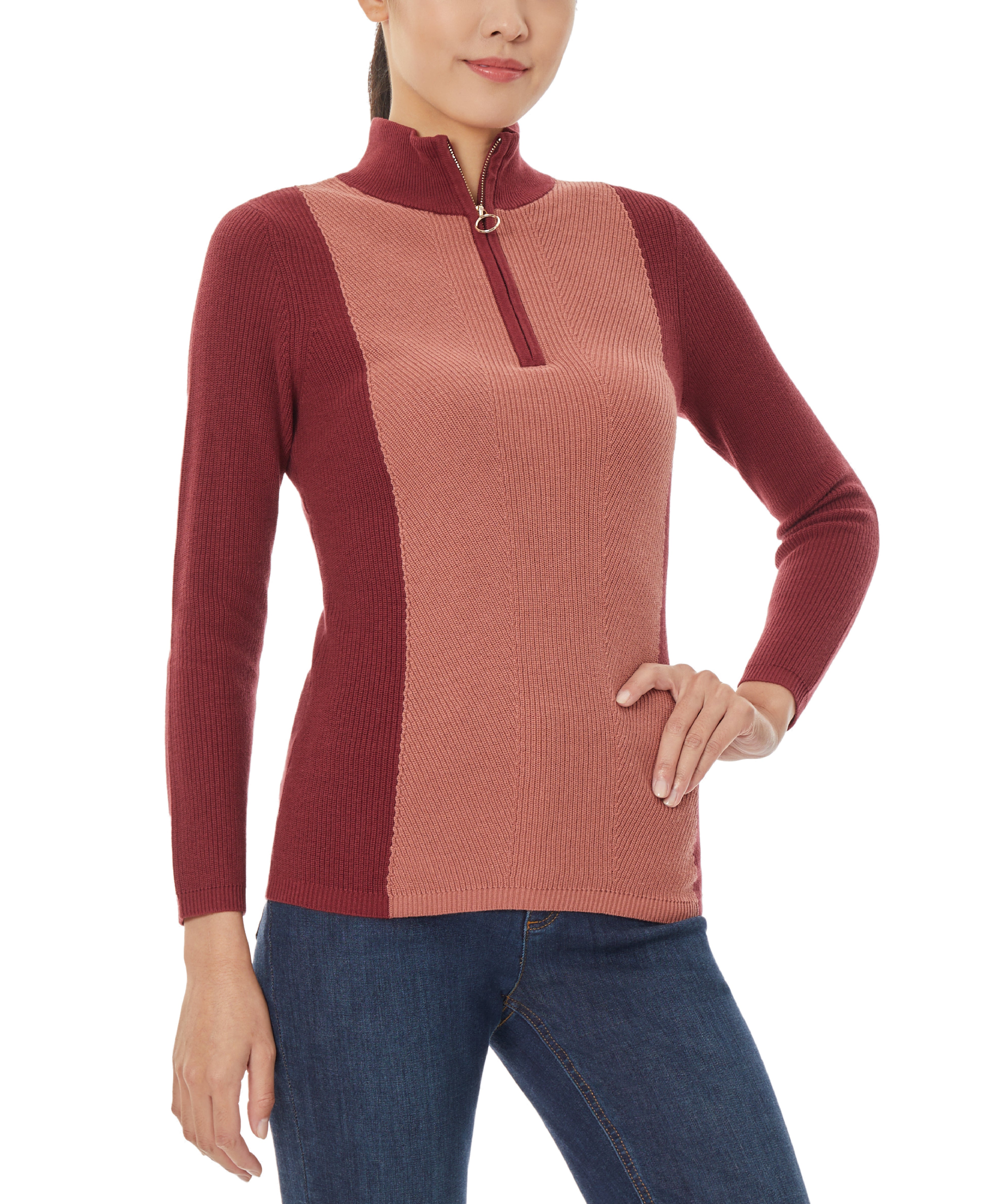  Jones New York Colorblock Mock Neck Sweater - Bordeaux/Fawn - Bonton