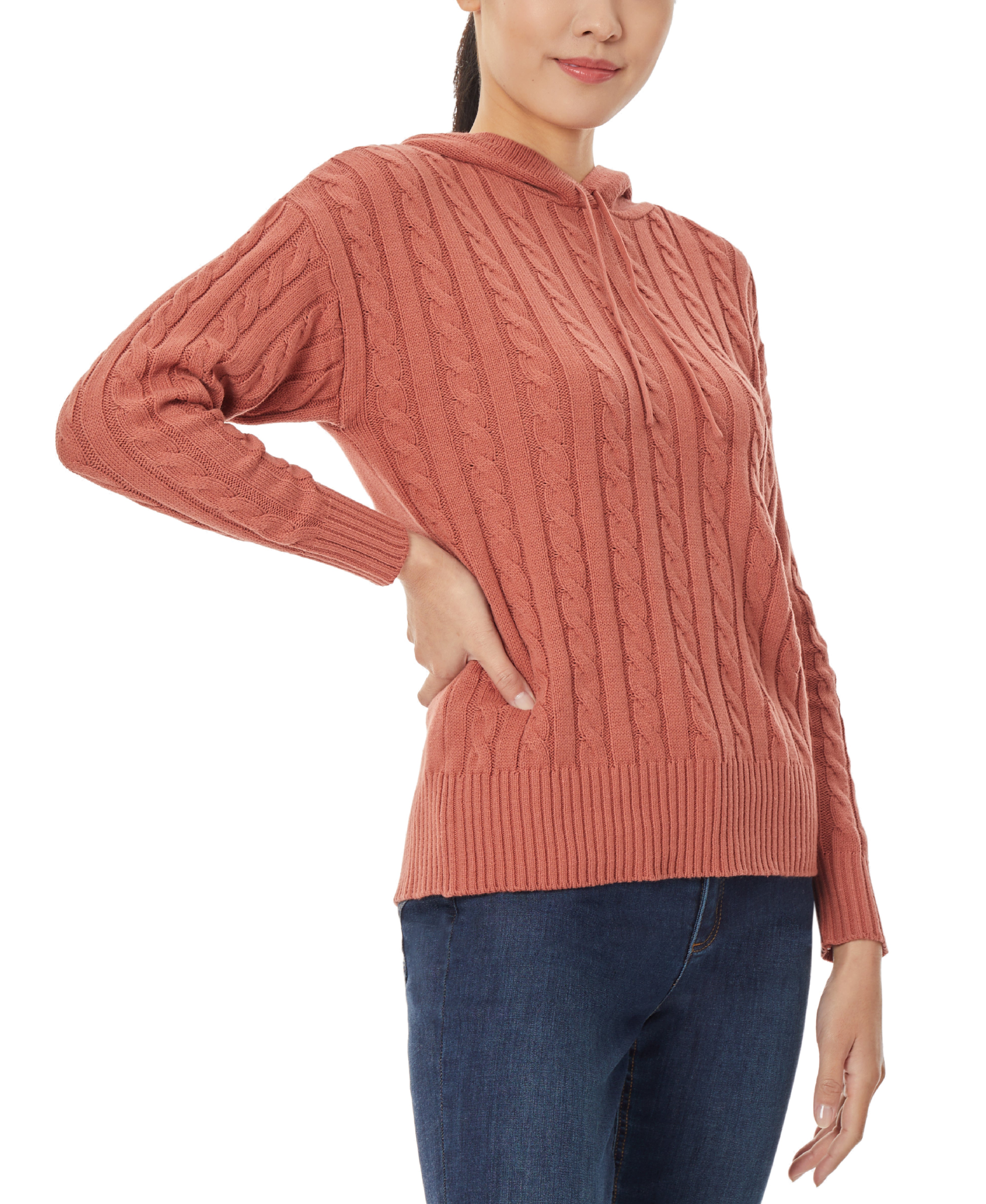  Jones New York Pullover Cable Knit Hoodie - Fawn - Bonton