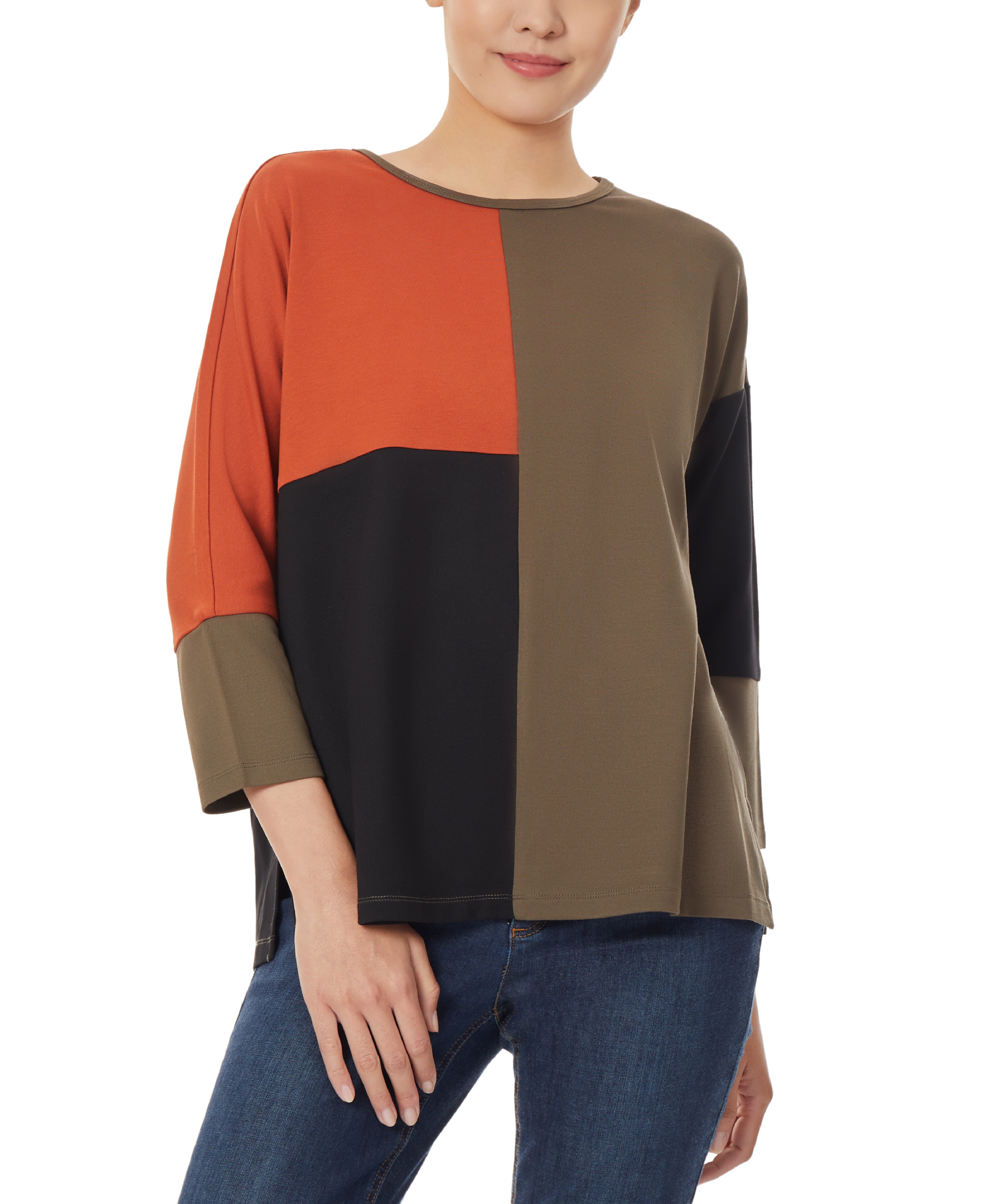  Jones New York Colorblock 3/4 Dolman Sleeve Tunic - Deep Loden Combo - Bonton