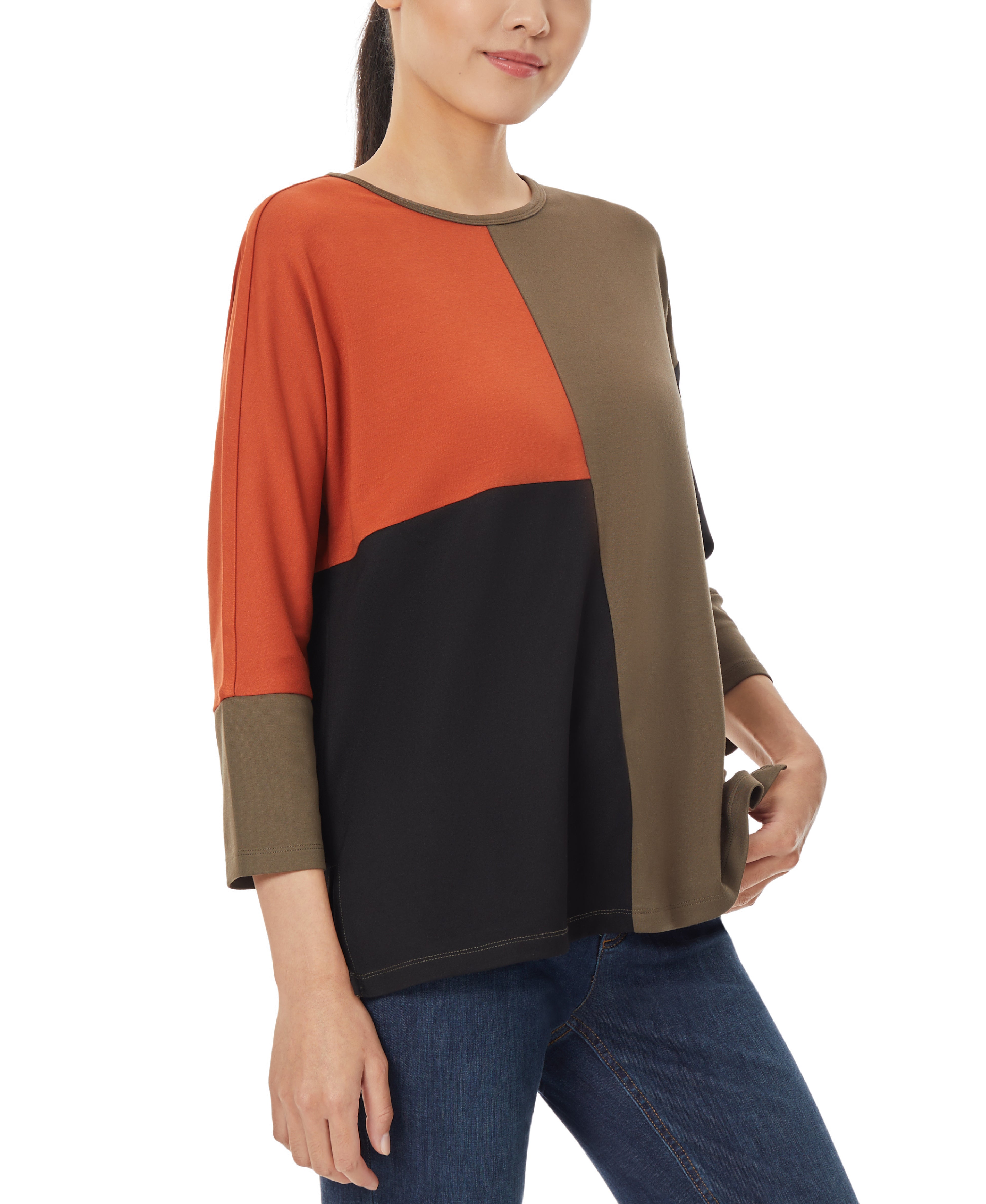  Jones New York Colorblock 3/4 Dolman Sleeve Tunic - Deep Loden Combo - Bonton