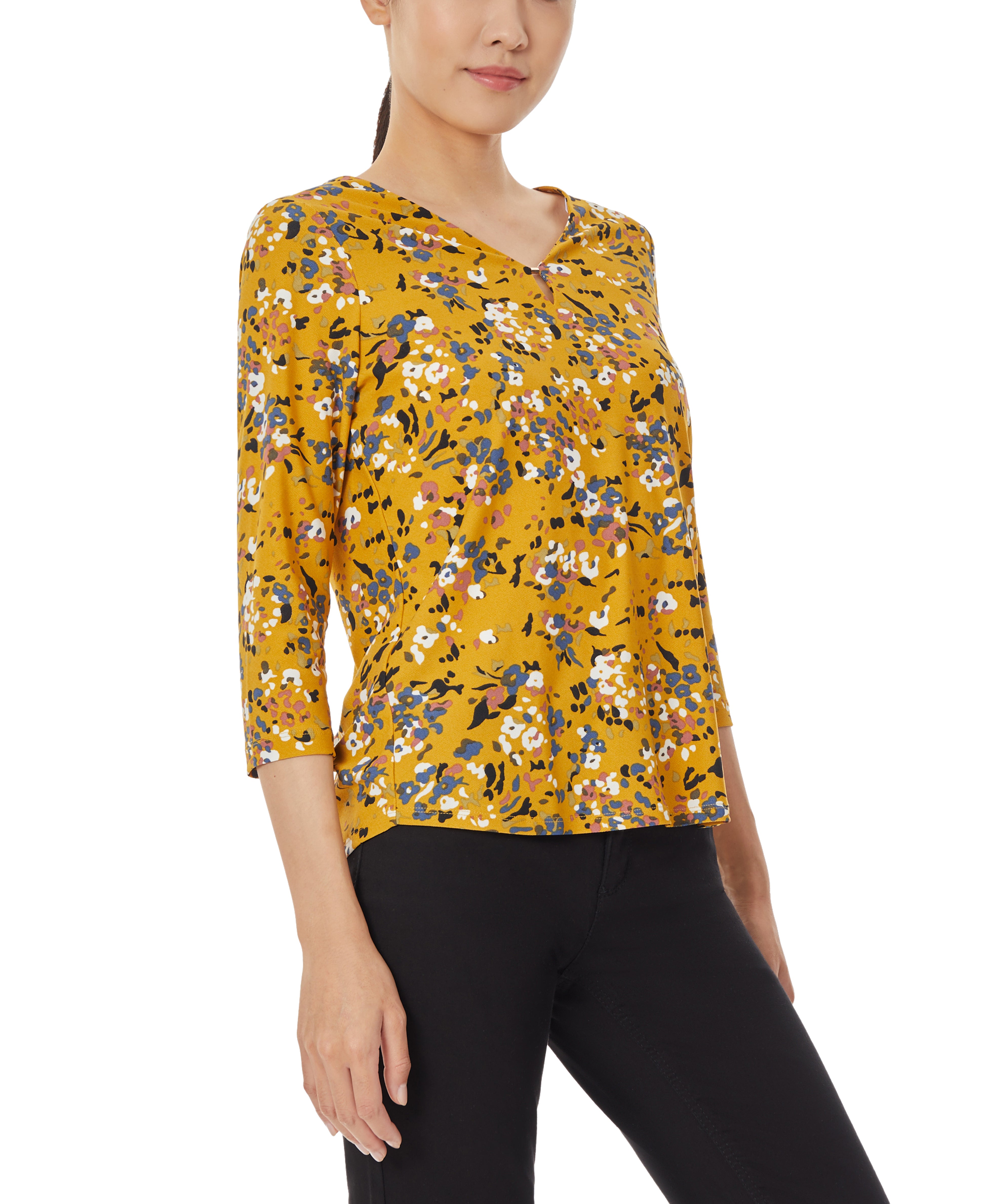  Jones New York 3/4 Sleeve Knit V-Neck Noodle Top - Jonagold Combo - Bonton