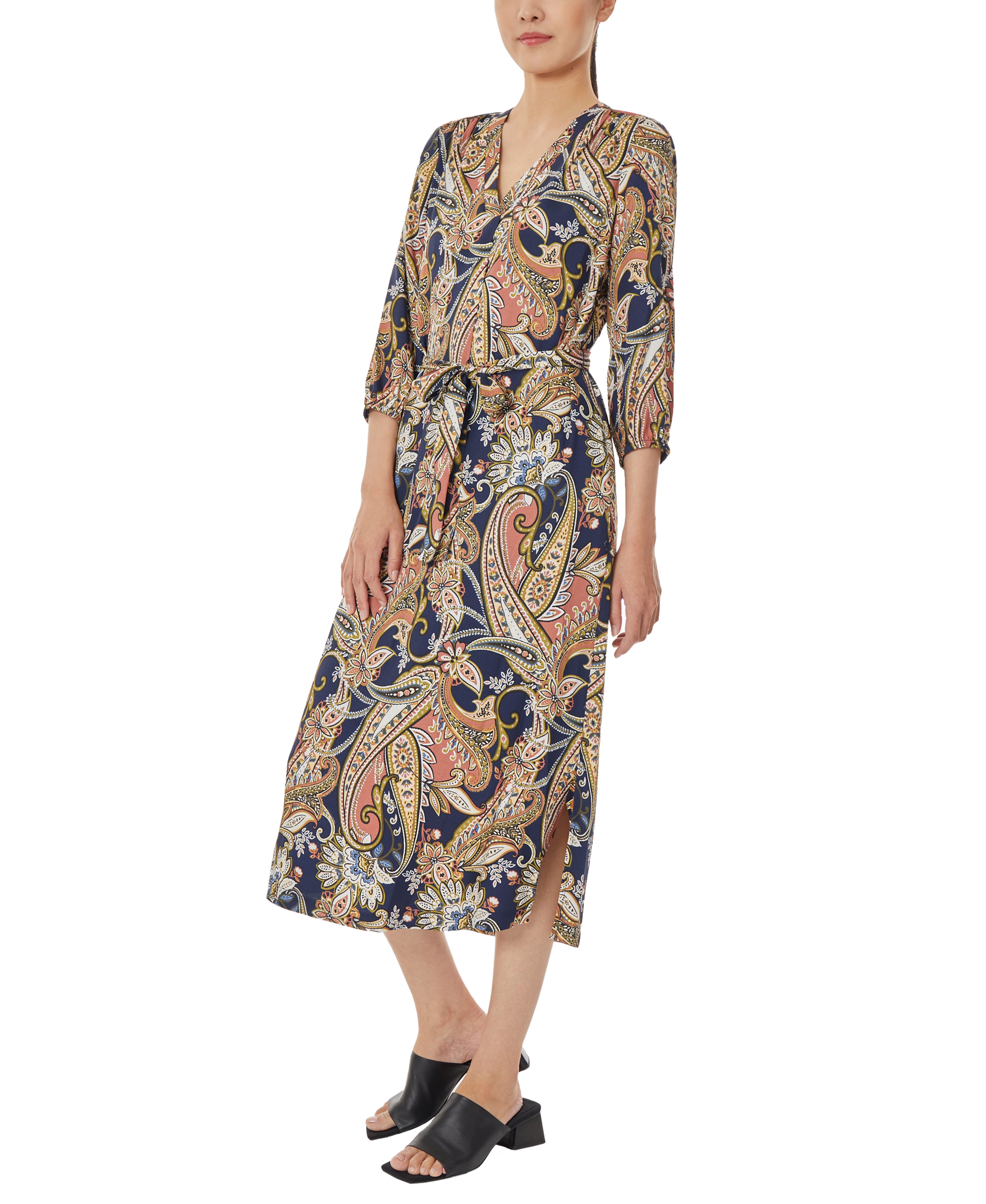  Jones New York V-Neck Midi Dress with Tie Waist - Collection Navy Combo - Bonton