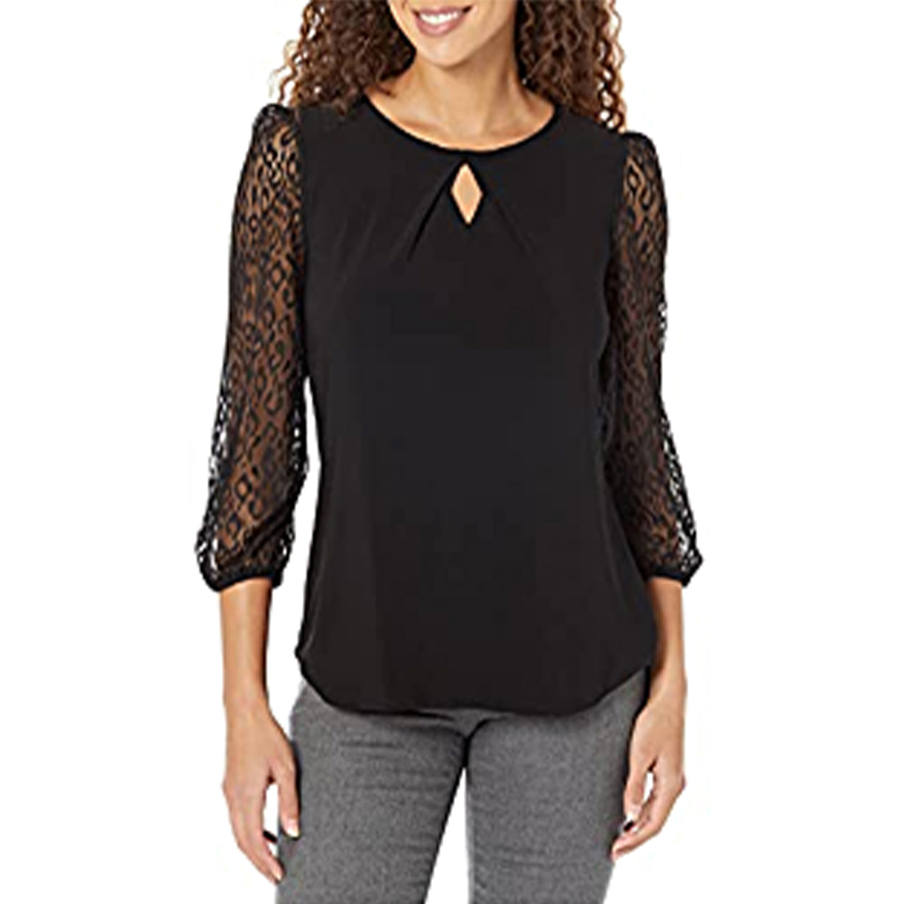  Kasper Pleat Neck Lace Sleeve Top Ity with Lace - Black - Bonton