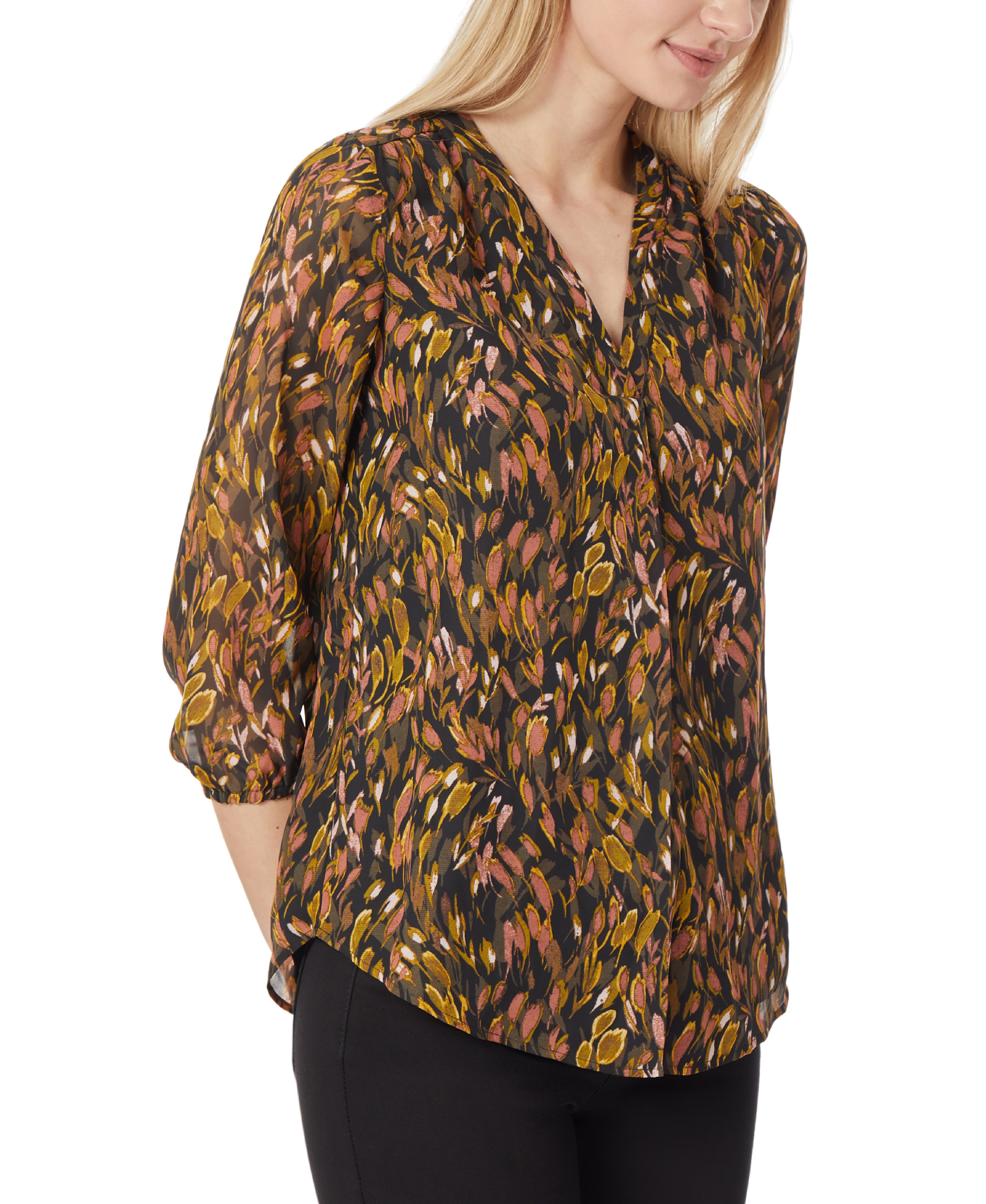  Jones New York 3/4 Sleeve V-Neck Pleat Front Tunic - Deep Loden Combo - Bonton
